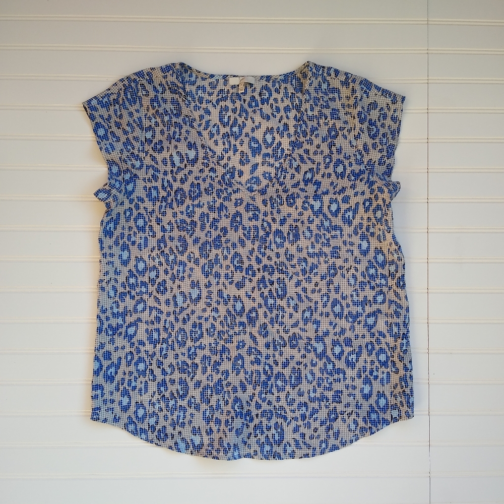 Joie Silk Short Sleeve Blue Leopard Popover Top Blouse